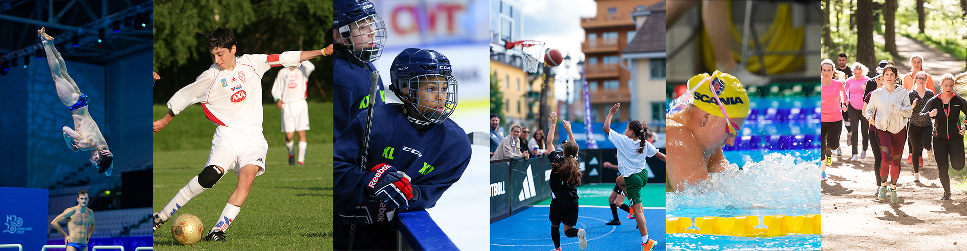 Små bilder av olika idrottare i Södertälje: simhopp, fotboll, hockey, streetbasket, simning och löpning